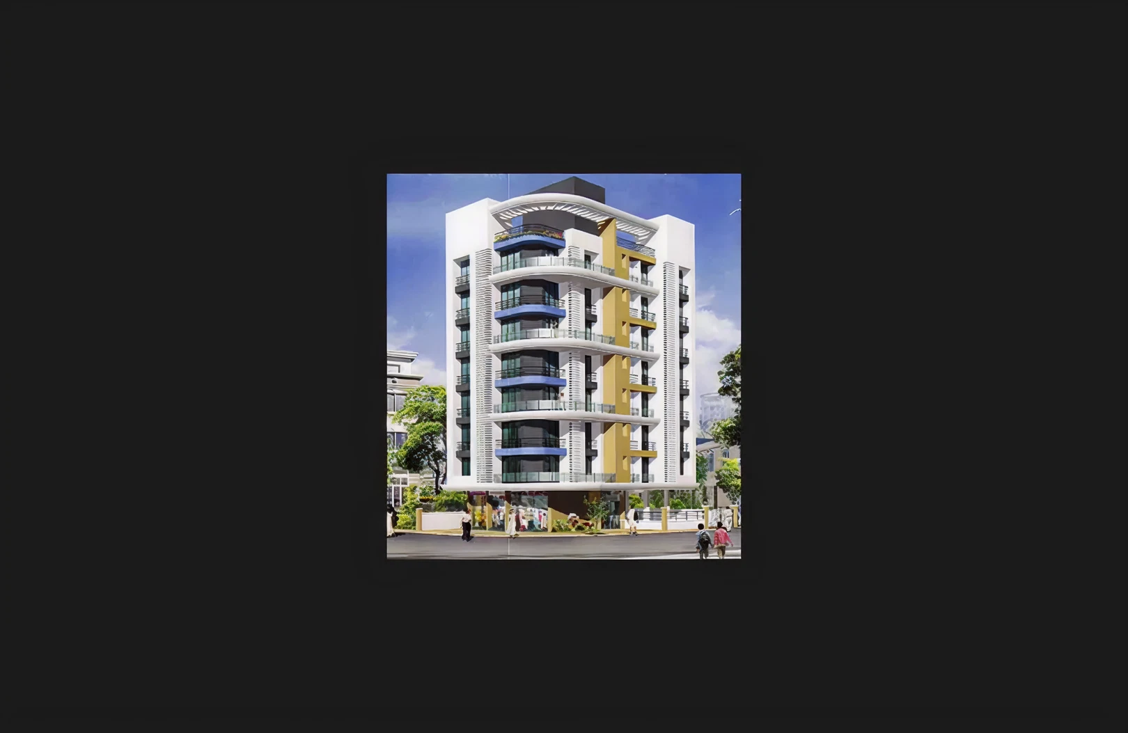 A proposed architectural rendering of a modern multi-storey residential building with curved balconies, glass railings, and bold white and mustard elevation elements. The contemporary façade features vertical fins and large glazing, demonstrating premium high-rise design and planned urban development.