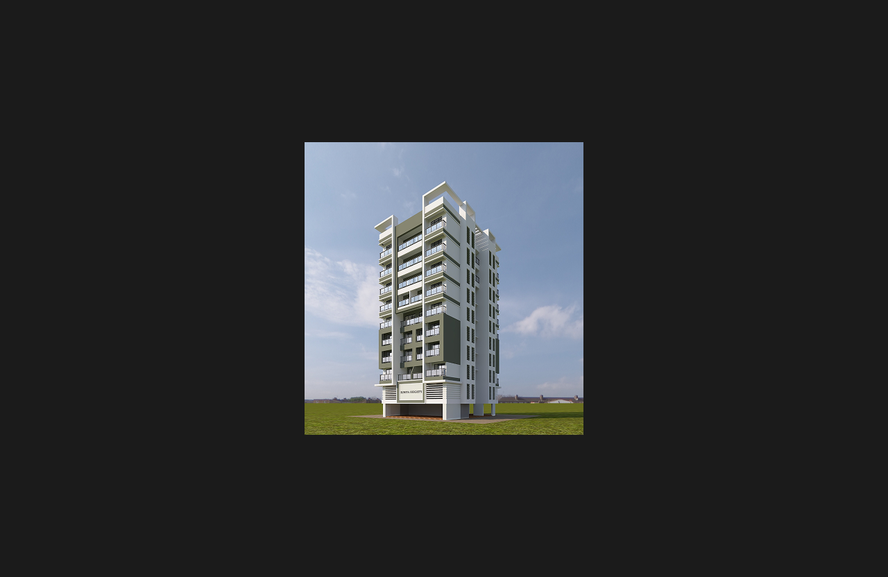 A 3D architectural rendering of a planned multi-storey residential building with a contemporary exterior design, white and grey façade accents, and glass balconies, set against an open field and blue sky background.